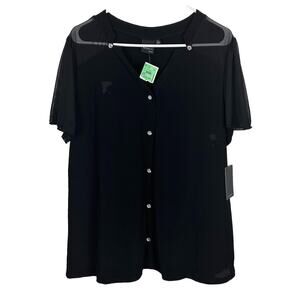 Elie McCarthy Women’s Black Sheer Short Sleeve Bling Buttons Stretch Size 1X NEW